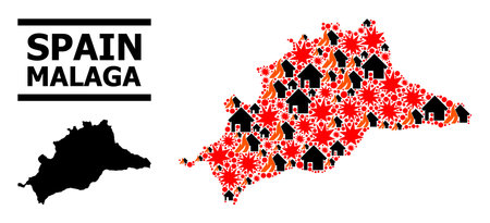 War mosaic vector map of Malaga Province. Geographic mosaic map of Malaga Province is created with scattered fire, destruction, bangs, burn homes, strikes. Vector flat illustration for war posters.のイラスト素材