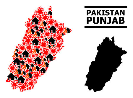 War collage vector map of Punjab Province. Geographic collage map of Punjab Province is combined with random fire, destruction, bangs, burn realty, strikes.のイラスト素材