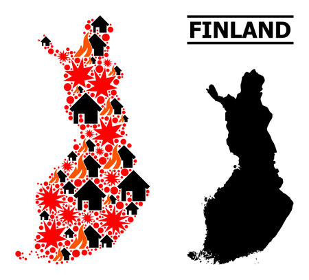War collage vector map of Finland. Geographic collage map of Finland is done from random fire, destruction, bangs, burn homes, strikes. Vector flat illustration for political and patriotic promotion.のイラスト素材