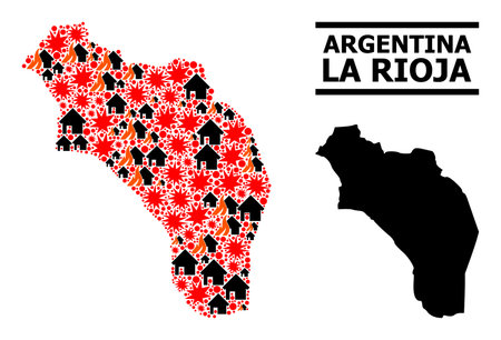 War mosaic vector map of Argentina - La Rioja. Geographic mosaic map of Argentina - La Rioja is organized with random fire, destruction, bangs, burn homes, strikes.のイラスト素材