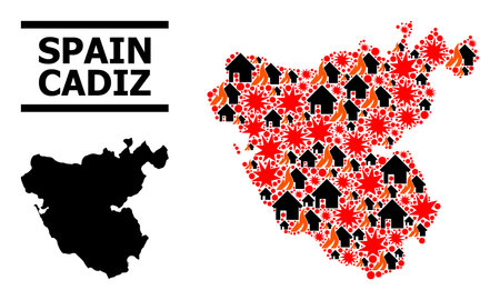 War pattern vector map of Cadiz Province. Geographic collage map of Cadiz Province is composed with randomized fire, destruction, bangs, burn houses, strikes.のイラスト素材
