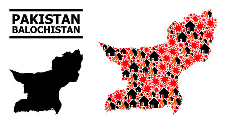 War pattern vector map of Balochistan Province. Geographic composition map of Balochistan Province is combined with scattered fire, destruction, bangs, burn houses, strikes.のイラスト素材
