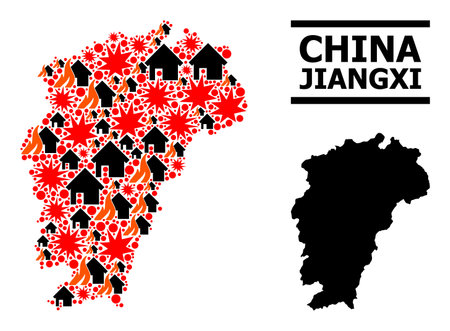 War collage vector Map of Jiangxi Province. Geographic collage Map of Jiangxi Province is combined from scattered fire, destruction, bangs, burn houses, strikes.のイラスト素材