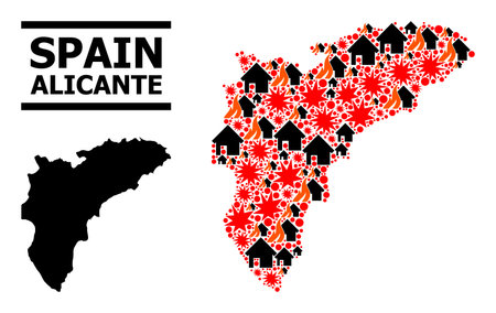 War mosaic vector map of Alicante Province. Geographic concept map of Alicante Province is designed from randomized fire, destruction, bangs, burn realty, strikes.のイラスト素材