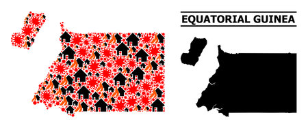 War collage vector map of Equatorial Guinea. Geographic concept map of Equatorial Guinea is constructed with scattered fire, destruction, bangs, burn homes, strikes.のイラスト素材