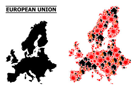War pattern vector map of Euro Union. Geographic mosaic map of Euro Union is organized with randomized fire, destruction, bangs, burn houses, strikes. Vector flat illustration for war proclamations.のイラスト素材
