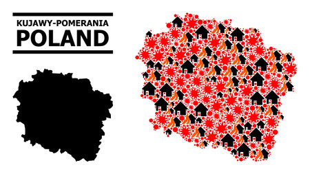 War pattern vector map of Kujawy-Pomerania Province. Geographic collage map of Kujawy-Pomerania Province is done with randomized fire, destruction, bangs, burn realty, strikes.のイラスト素材