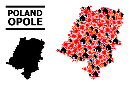 War mosaic vector map of Opole Province. Geographic mosaic map of Opole Province is combined with scattered fire, destruction, bangs, burn houses, strikes. Vector flat illustration for war posters.のイラスト素材