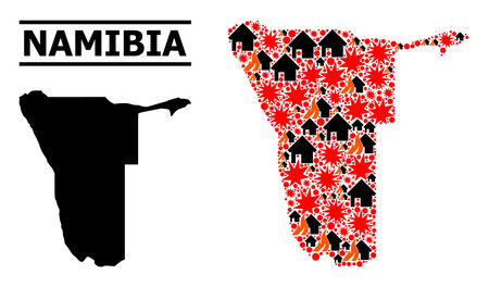 War mosaic vector map of Namibia. Geographic concept map of Namibia is constructed with scattered fire, destruction, bangs, burn homes, strikes. Vector flat illustration for war projects.のイラスト素材