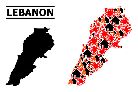 War collage vector map of Lebanon. Geographic collage map of Lebanon is constructed with scattered fire, destruction, bangs, burn realty, strikes. Vector flat illustration for military promotion.のイラスト素材