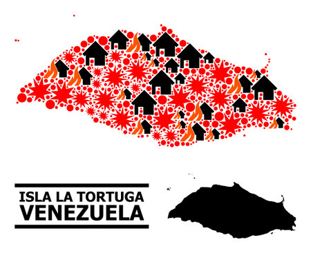 War pattern vector map of Isla La Tortuga. Geographic composition map of Isla La Tortuga is designed from scattered fire, destruction, bangs, burn houses, strikes.のイラスト素材