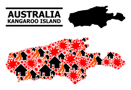 War mosaic vector map of Kangaroo Island. Geographic collage map of Kangaroo Island is combined with randomized fire, destruction, bangs, burn houses, strikes.のイラスト素材
