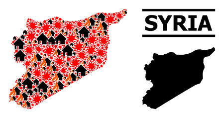 War mosaic vector map of Syria. Geographic mosaic map of Syria is created with randomized fire, destruction, bangs, burn homes, strikes. Vector flat illustration for war purposes.のイラスト素材