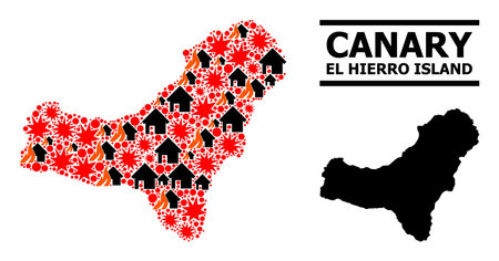 War pattern vector map of El Hierro Island. Geographic composition map of El Hierro Island is designed with scattered fire, destruction, bangs, burn realty, strikes.のイラスト素材