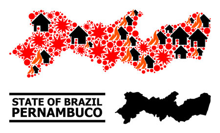 War mosaic vector map of Pernambuco State. Geographic mosaic map of Pernambuco State is combined with randomized fire, destruction, bangs, burn realty, strikes.のイラスト素材