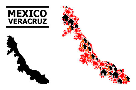 War mosaic vector map of Veracruz State. Geographic mosaic map of Veracruz State is organized from scattered fire, destruction, bangs, burn realty, strikes.のイラスト素材