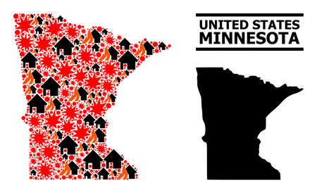 War pattern vector map of Minnesota State. Geographic concept map of Minnesota State is designed from scattered fire, destruction, bangs, burn homes, strikes.のイラスト素材