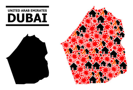 War pattern vector map of Dubai Emirate. Geographic mosaic map of Dubai Emirate is created with randomized fire, destruction, bangs, burn homes, strikes. Vector flat illustration for war promotion.のイラスト素材