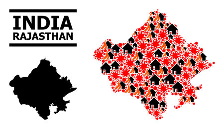 War pattern vector map of Rajasthan State. Geographic mosaic map of Rajasthan State is created from randomized fire, destruction, bangs, burn houses, strikes.のイラスト素材