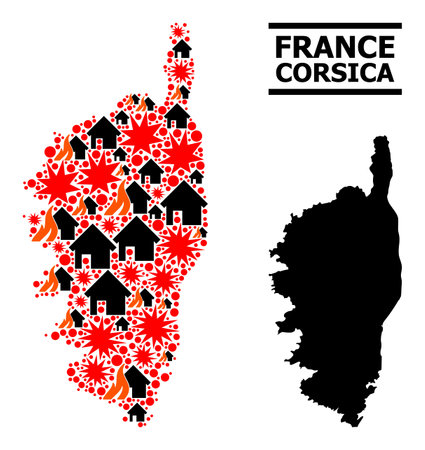 War collage vector map of Corsica. Geographic collage map of Corsica is organized from random fire, destruction, bangs, burn homes, strikes. Vector flat illustration for war collages.のイラスト素材