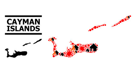 War collage vector map of Cayman Islands. Geographic collage map of Cayman Islands is composed from random fire, destruction, bangs, burn houses, strikes.のイラスト素材