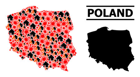 War mosaic vector map of Poland. Geographic mosaic map of Poland is constructed from scattered fire, destruction, bangs, burn houses, strikes. Vector flat illustration for military proclamations.のイラスト素材