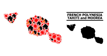War collage vector map of Tahiti and Moorea islands. Geographic composition map of Tahiti and Moorea islands is done from scattered fire, destruction, bangs, burn realty, strikes.のイラスト素材