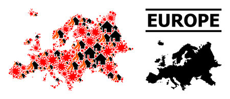 War pattern vector map of Europe. Geographic concept map of Europe is constructed with random fire, destruction, bangs, burn realty, strikes. Vector flat illustration for war applications.のイラスト素材
