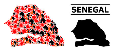 War collage vector map of Senegal. Geographic collage map of Senegal is designed with randomized fire, destruction, bangs, burn realty, strikes.のイラスト素材