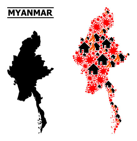 War pattern vector map of Myanmar. Geographic collage map of Myanmar is done with random fire, destruction, bangs, burn realty, strikes. Vector flat illustration for war agitation.のイラスト素材