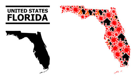 War pattern vector map of Florida State. Geographic concept map of Florida State is created from random fire, destruction, bangs, burn houses, strikes. Vector flat illustration for war purposes.のイラスト素材