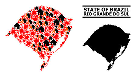 War collage vector map of Rio Grande do Sul State. Geographic mosaic map of Rio Grande do Sul State is organized with randomized fire, destruction, bangs, burn houses, strikes.のイラスト素材