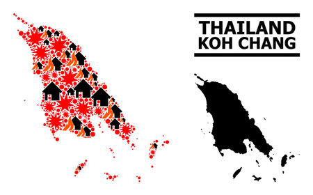War pattern vector map of Koh Chang. Geographic mosaic map of Koh Chang is done from scattered fire, destruction, bangs, burn homes, strikes. Vector flat illustration for war agitation.のイラスト素材