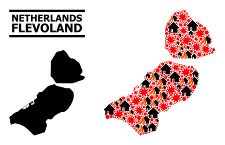 War mosaic vector map of Flevoland Province. Geographic concept map of Flevoland Province is composed with scattered fire, destruction, bangs, burn homes, strikes.のイラスト素材