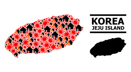 War mosaic vector map of Jeju Island. Geographic mosaic map of Jeju Island is constructed with randomized fire, destruction, bangs, burn houses, strikes. Vector flat illustration for war purposes.のイラスト素材