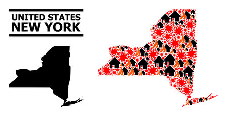 War mosaic vector map of New York State. Geographic mosaic map of New York State is constructed from randomized fire, destruction, bangs, burn houses, strikes.のイラスト素材
