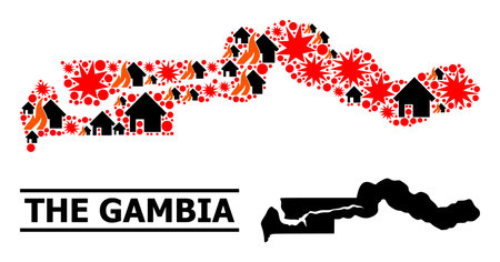 War collage vector map of the Gambia. Geographic collage map of the Gambia is organized with scattered fire, destruction, bangs, burn houses, strikes. Vector flat illustration for war propaganda.のイラスト素材