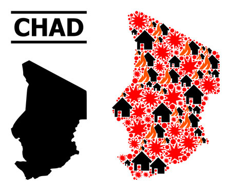 War mosaic vector map of Chad. Geographic mosaic map of Chad is composed with scattered fire, destruction, bangs, burn realty, strikes. Vector flat illustration for war applications.のイラスト素材