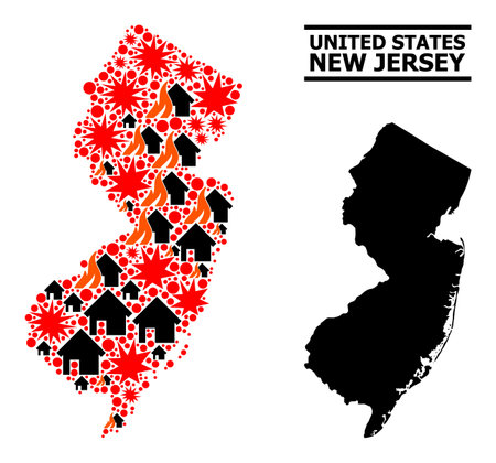 War mosaic vector map of New Jersey State. Geographic mosaic map of New Jersey State is done with scattered fire, destruction, bangs, burn houses, strikes. Vector flat illustration for war agitation.のイラスト素材