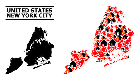War pattern vector map of New York City. Geographic mosaic map of New York City is designed from randomized fire, destruction, bangs, burn houses, strikes. Vector flat illustration for war propaganda.のイラスト素材