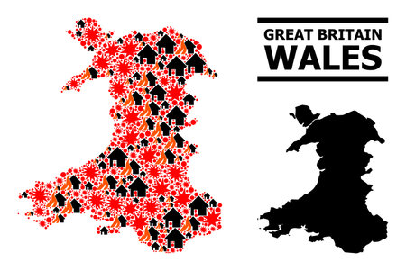 War mosaic vector map of Wales. Geographic concept map of Wales is designed with randomized fire, destruction, bangs, burn realty, strikes. Vector flat illustration for war proclamations.のイラスト素材