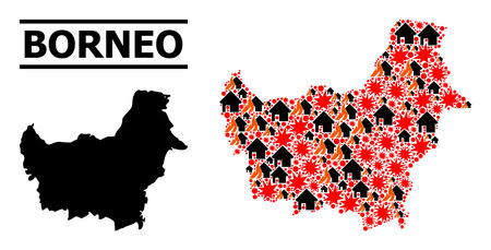 War mosaic vector map of Borneo Island. Geographic mosaic map of Borneo Island is composed from random fire, destruction, bangs, burn realty, strikes.のイラスト素材