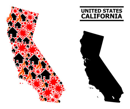 War collage vector map of California. Geographic collage map of California is done with scattered fire, destruction, bangs, burn homes, strikes. Vector flat illustration for war doctrines.のイラスト素材