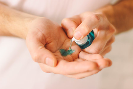 Closeup of man hands using antibacterial gel as preventive measure against contagious disease....