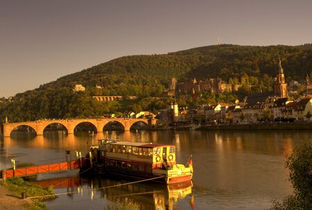 View at old town, castle and city bridge in Heidelbergの写真素材