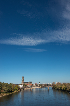 Magnificent Cathedral of Magdeburg at river Elbe, Germany, 2014の写真素材