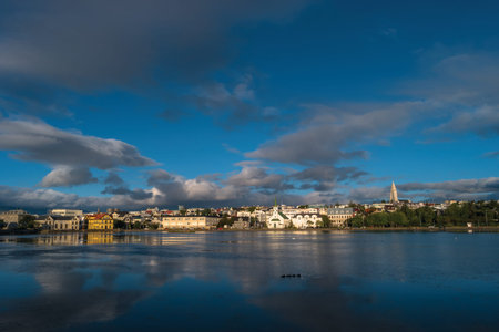 View of Reykjavik's downtown at sunset, summer, 2016の写真素材