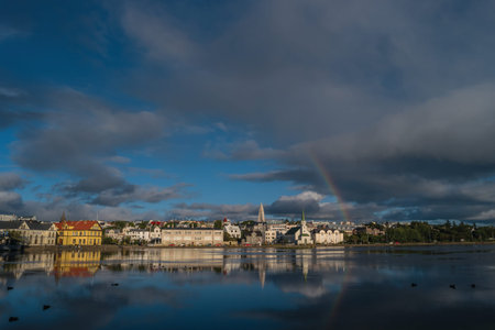 View of Reykjavik's downtown at sunset, summer, 2016