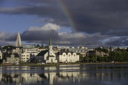 View of Reykjavik's downtown at sunset, summer, 2016の写真素材