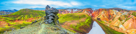 Panoramic view of colorful volcanic mountains Landmannalaugar in Iceland, summer timeの写真素材